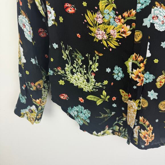 MAEVE By Anthropologie Womens Floral Print Button-Down Black/Yellow Blouse 4 - Picture 7 of 10